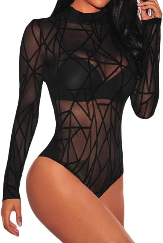 Chic Long Sleeve Mesh Bodysuit for Women - Sheer Turtleneck Geo Print Leotard in Black (S-XXL)