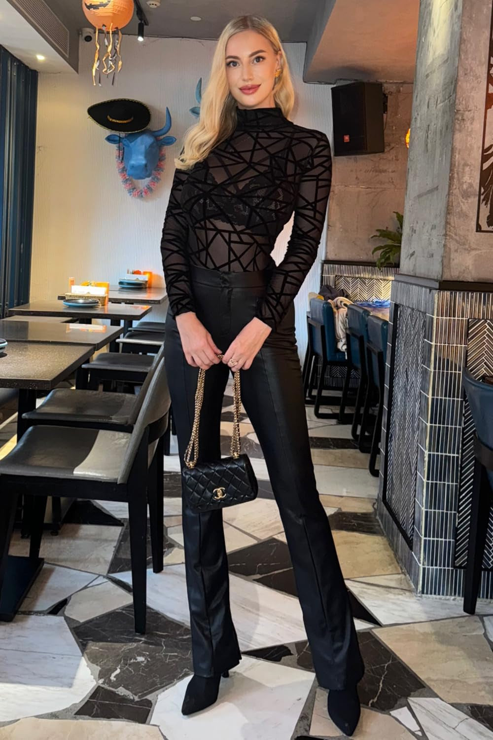 Chic Long Sleeve Mesh Bodysuit for Women - Sheer Turtleneck Geo Print Leotard in Black (S-XXL)