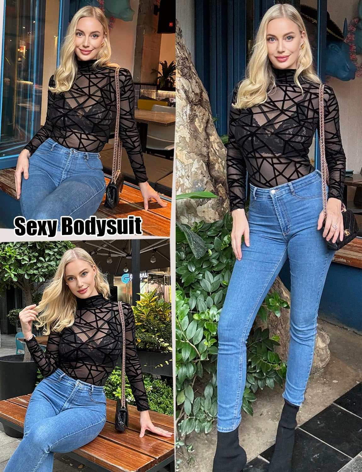 Chic Long Sleeve Mesh Bodysuit for Women - Sheer Turtleneck Geo Print Leotard in Black (S-XXL)